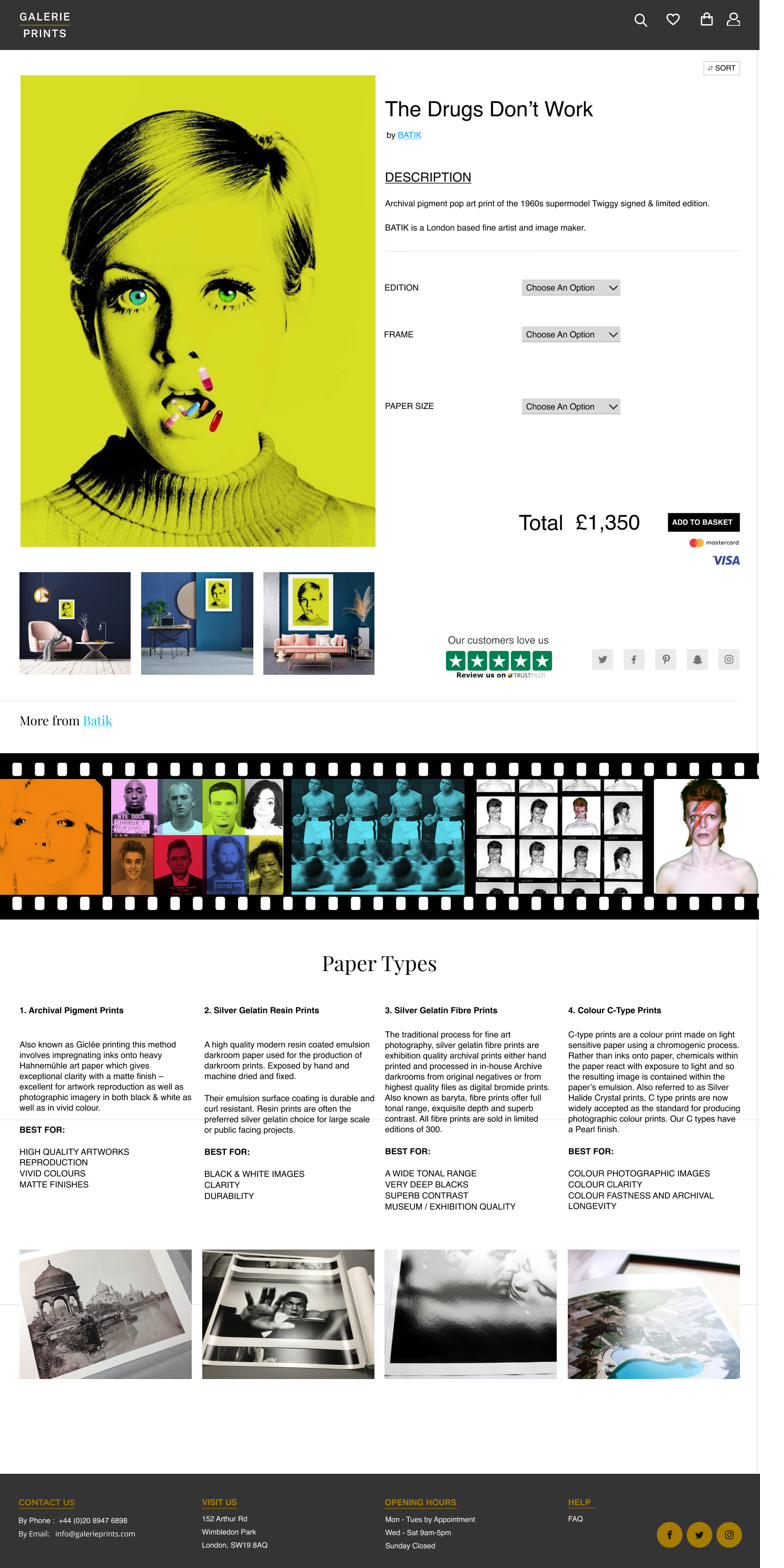Product page: The Drugs Don't Work, Twiggy, paper types explained inline