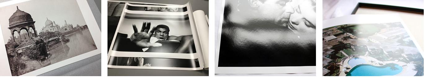 Four real Galerie prints laid out side by side on different photographic papers — a matte architectural print, a silver-gelatin Ali, a glossy film-still and an in-room Slim Aarons