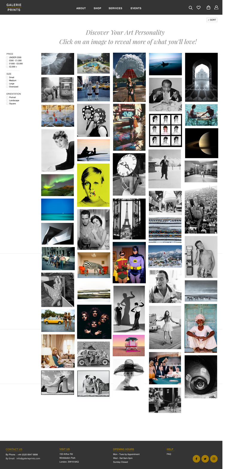 Visual search: a grid of fine-art photographs, click an image to reveal more