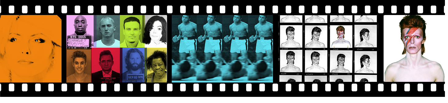 A film-strip of Galerie prints — Blondie, a pop-art mugshot grid, a solarised Ali quad, a Bowie contact sheet and Aladdin Sane — recognisable faces with no names attached