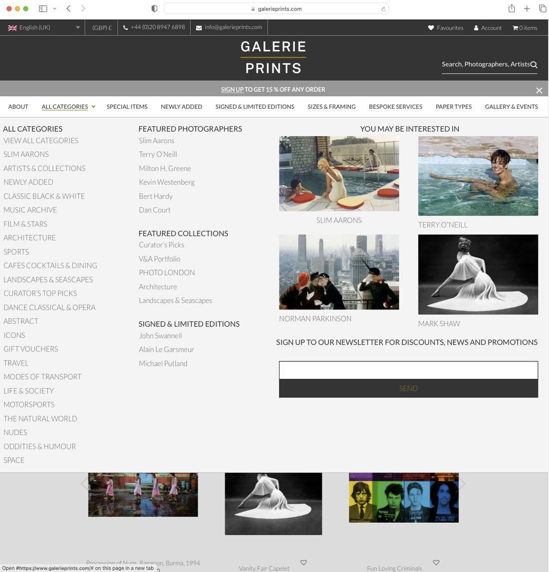 Galerie Prints live site — the All Categories mega-menu expanded, one subject split across many separate lists