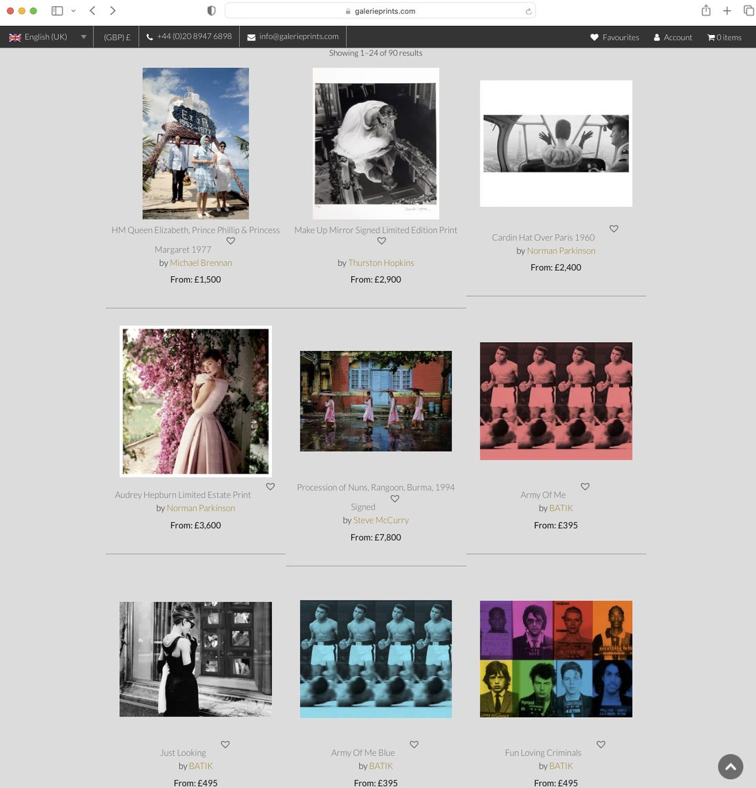 Galerie Prints live site — search results grid showing 90 results with prices from £395 to £7,800 and no price or size filter