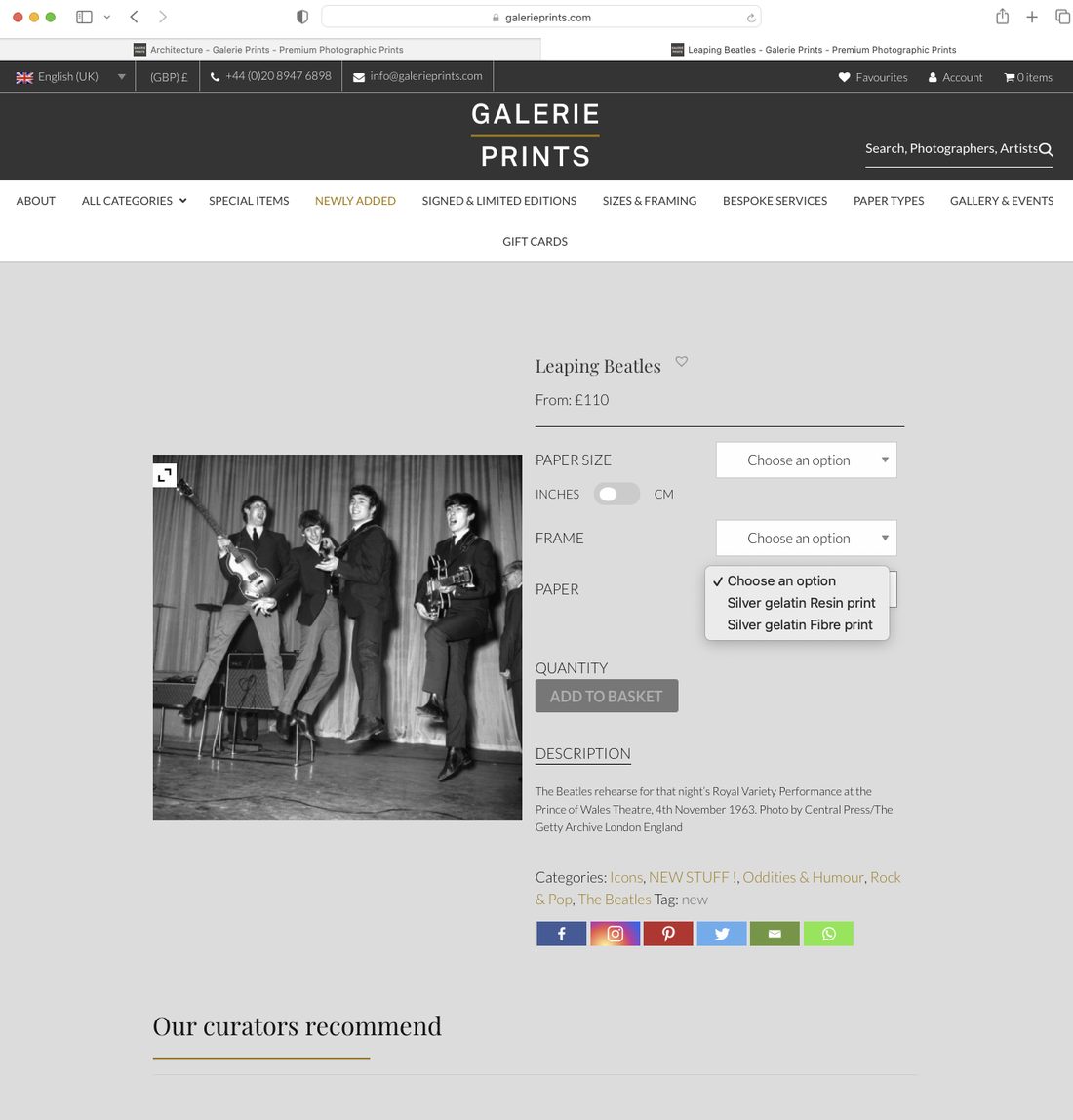 Galerie Prints live site — the Leaping Beatles product page with a Paper dropdown asking the buyer to choose an option