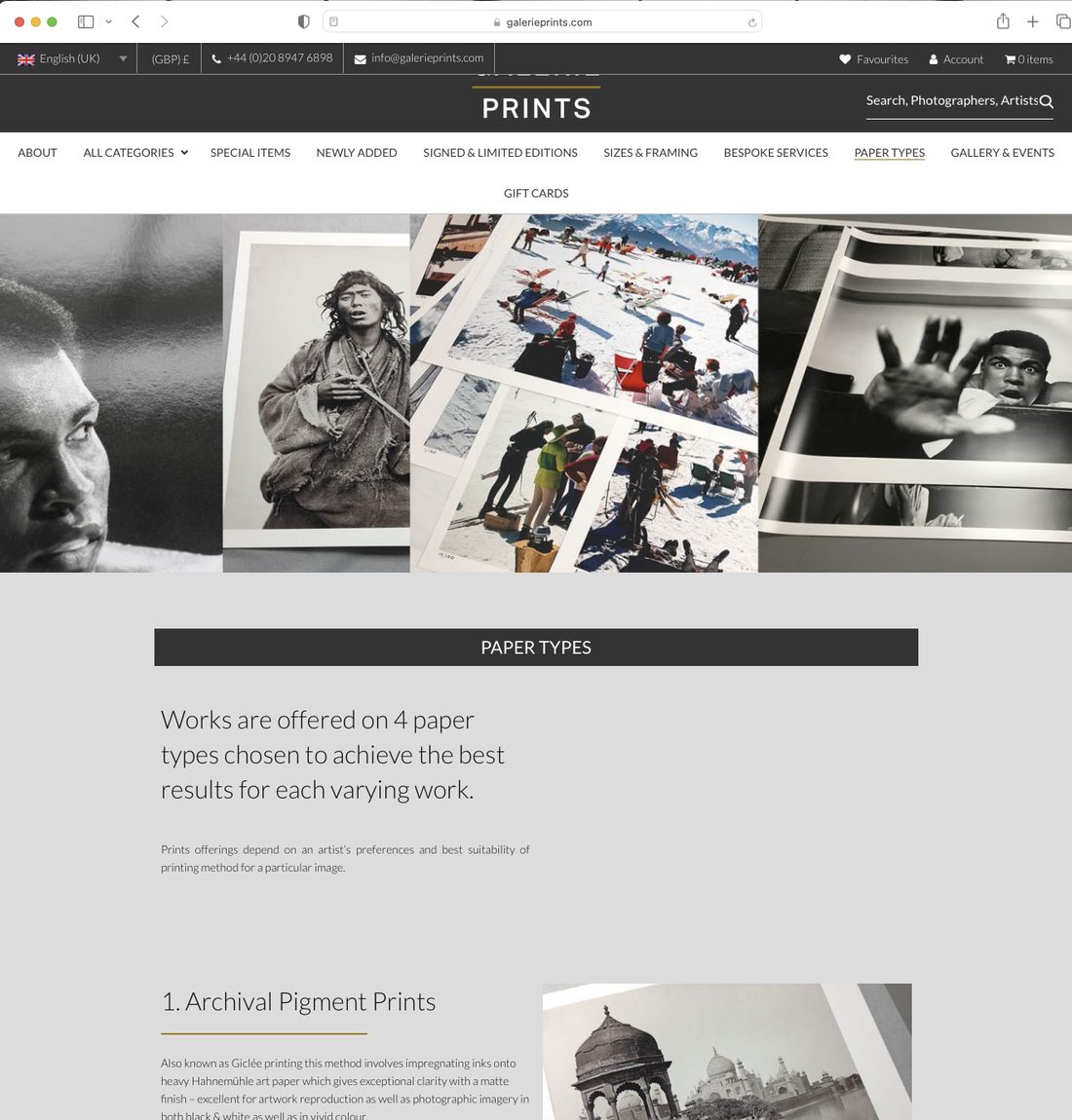 Galerie Prints live site — the separate Paper Types page explaining the four paper options, away from the product