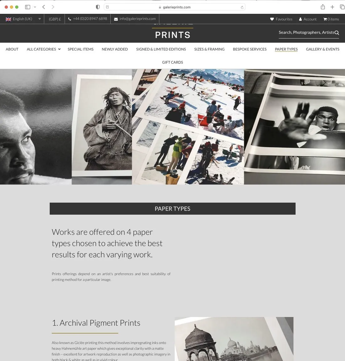 Galerie Prints live site — the separate Paper Types page explaining the four paper options, away from the product