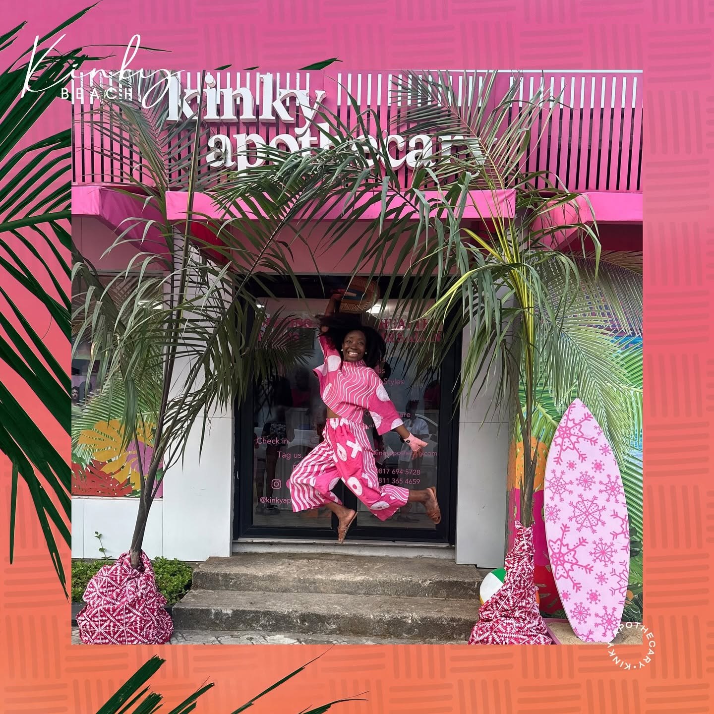 Nibi Lawson mid-jump outside the Kinky Apothecary shop