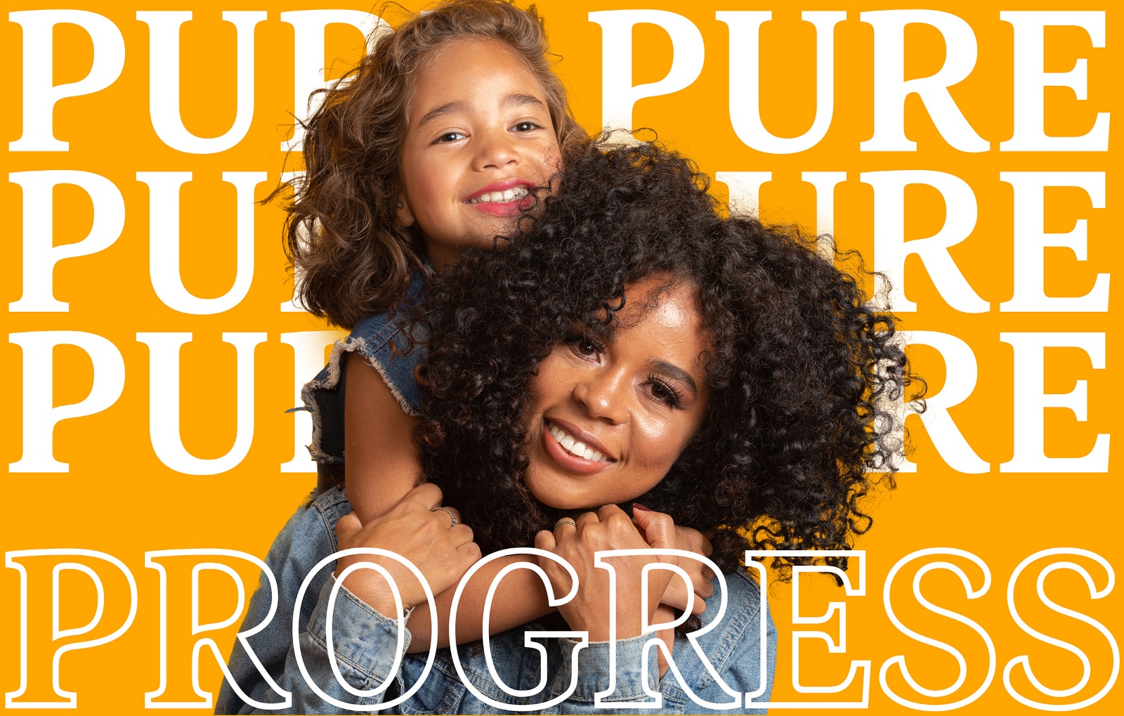Danielle and her daughter, both with natural curls, embracing on a marigold background beneath the words PURE PROGRESS