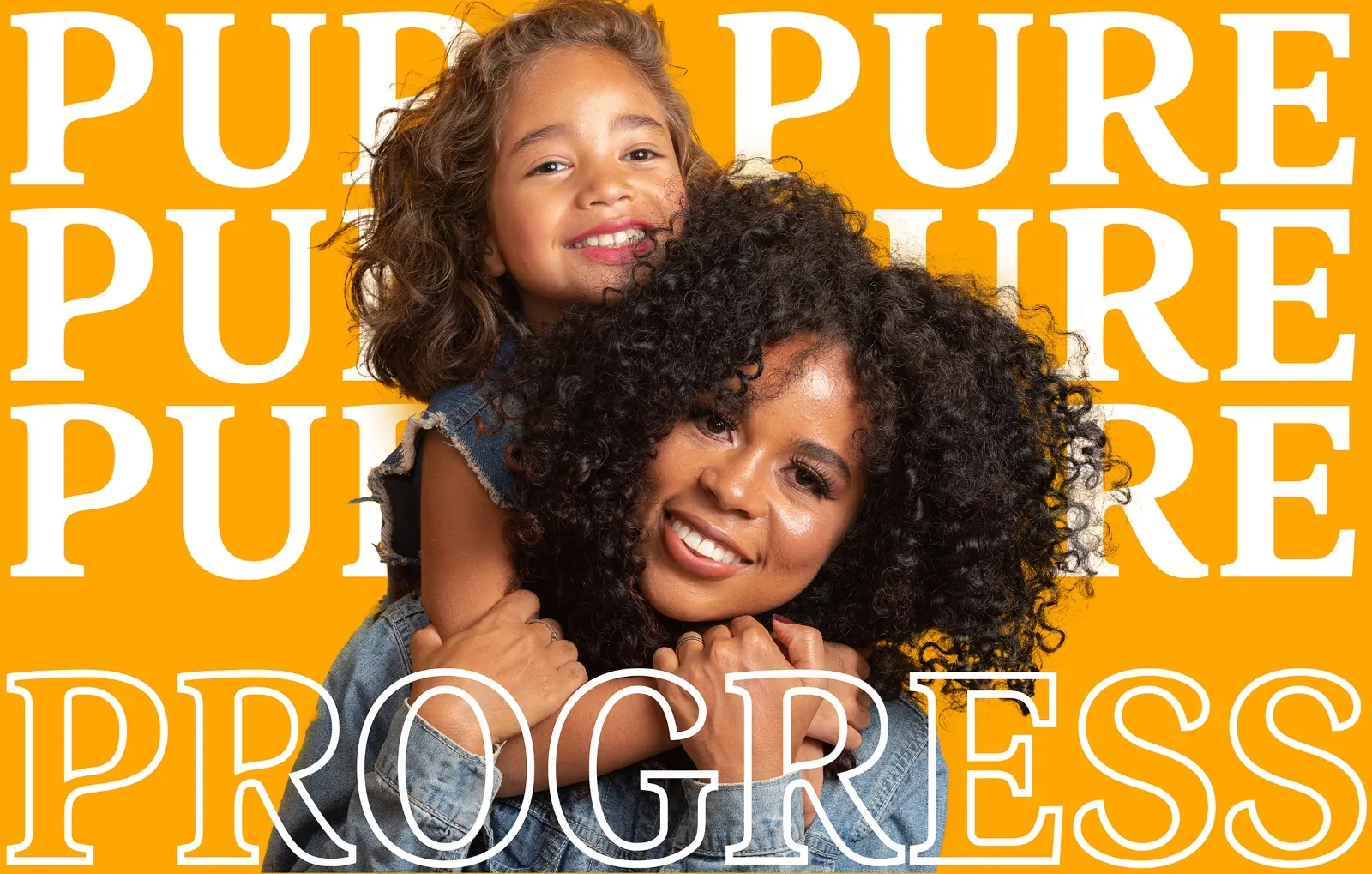 Danielle and her daughter, both with natural curls, embracing on a marigold background beneath the words PURE PROGRESS