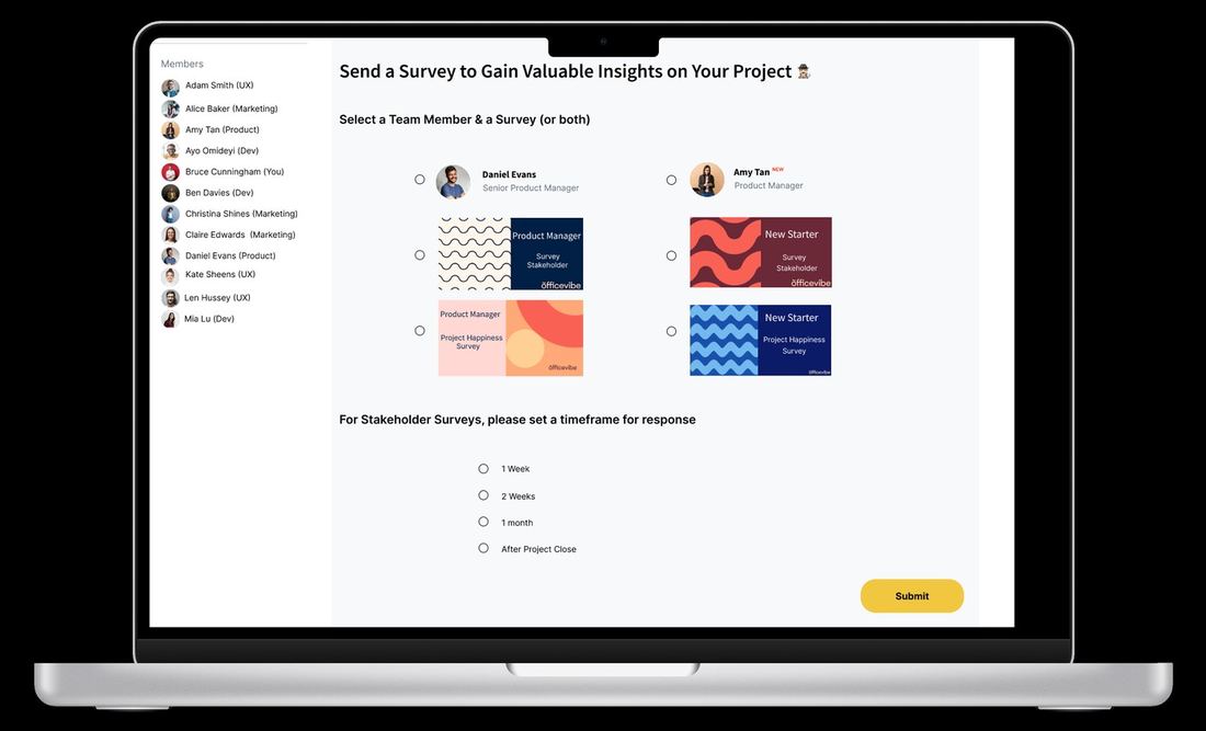 Survey send before: choosing a team member and a survey crammed into one cluttered step