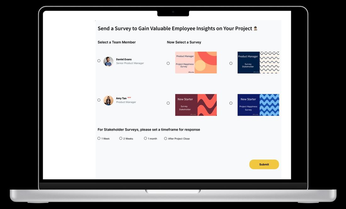Survey send after: split into Select a Team Member then Select a Survey, with refreshed covers
