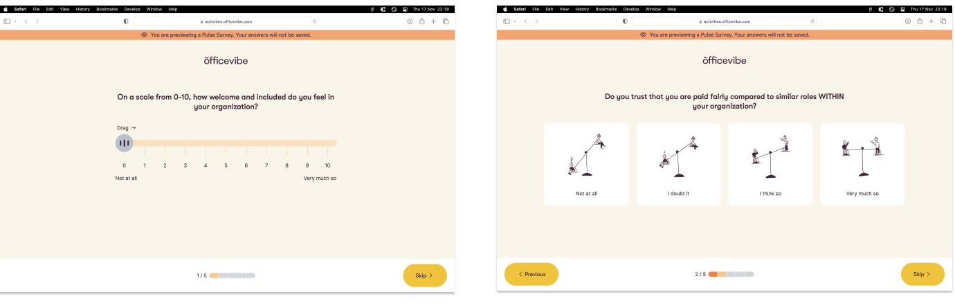 Officevibe's Pulse Survey product screens — sliders and seesaw scales rating how welcome and fairly paid an employee feels