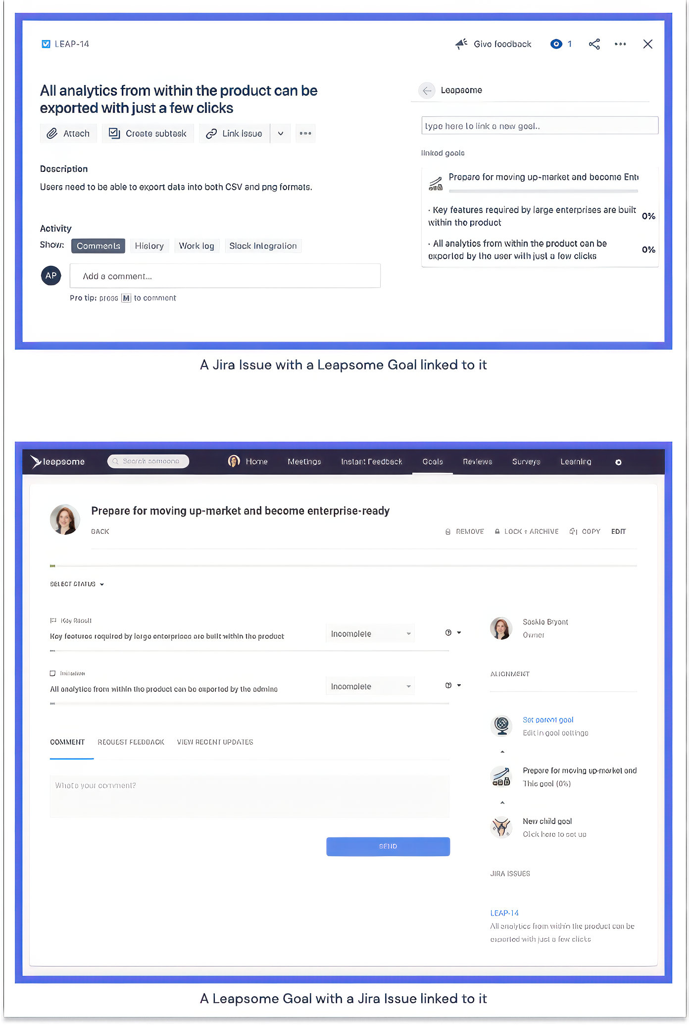 Leapsome — a goal linked to a Jira issue, and a Jira issue linked to a Leapsome goal