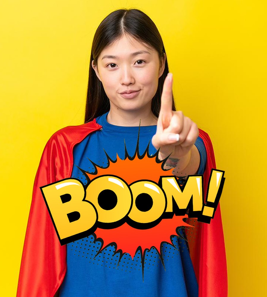 A new starter, now empowered — a superhero with a comic-book BOOM