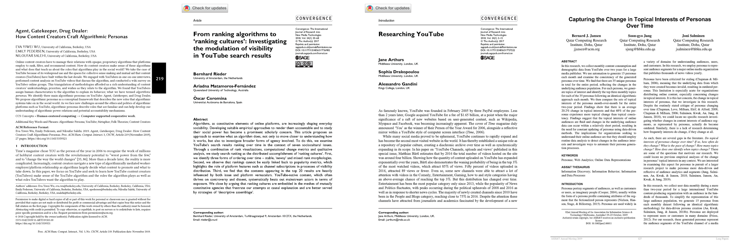 First pages of the academic papers behind this chapter, including Agent, Gatekeeper, Drug Dealer — How Content Creators Craft Algorithmic Personas; Capturing the Change in Topical Interests of Personas Over Time; and Researching YouTube