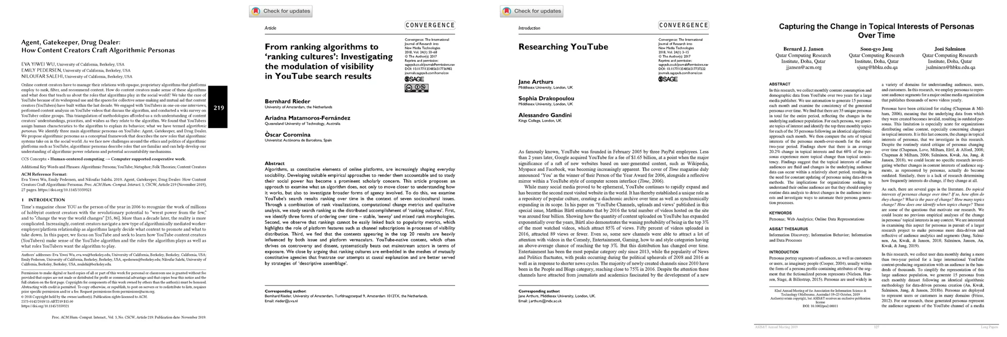 First pages of the academic papers behind this chapter, including Agent, Gatekeeper, Drug Dealer — How Content Creators Craft Algorithmic Personas; Capturing the Change in Topical Interests of Personas Over Time; and Researching YouTube