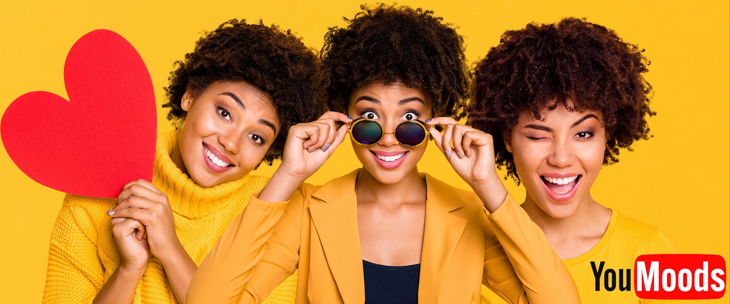 Three moods of the same person against YouMoods yellow — love-struck, intrigued, winking — with the YouMoods logo