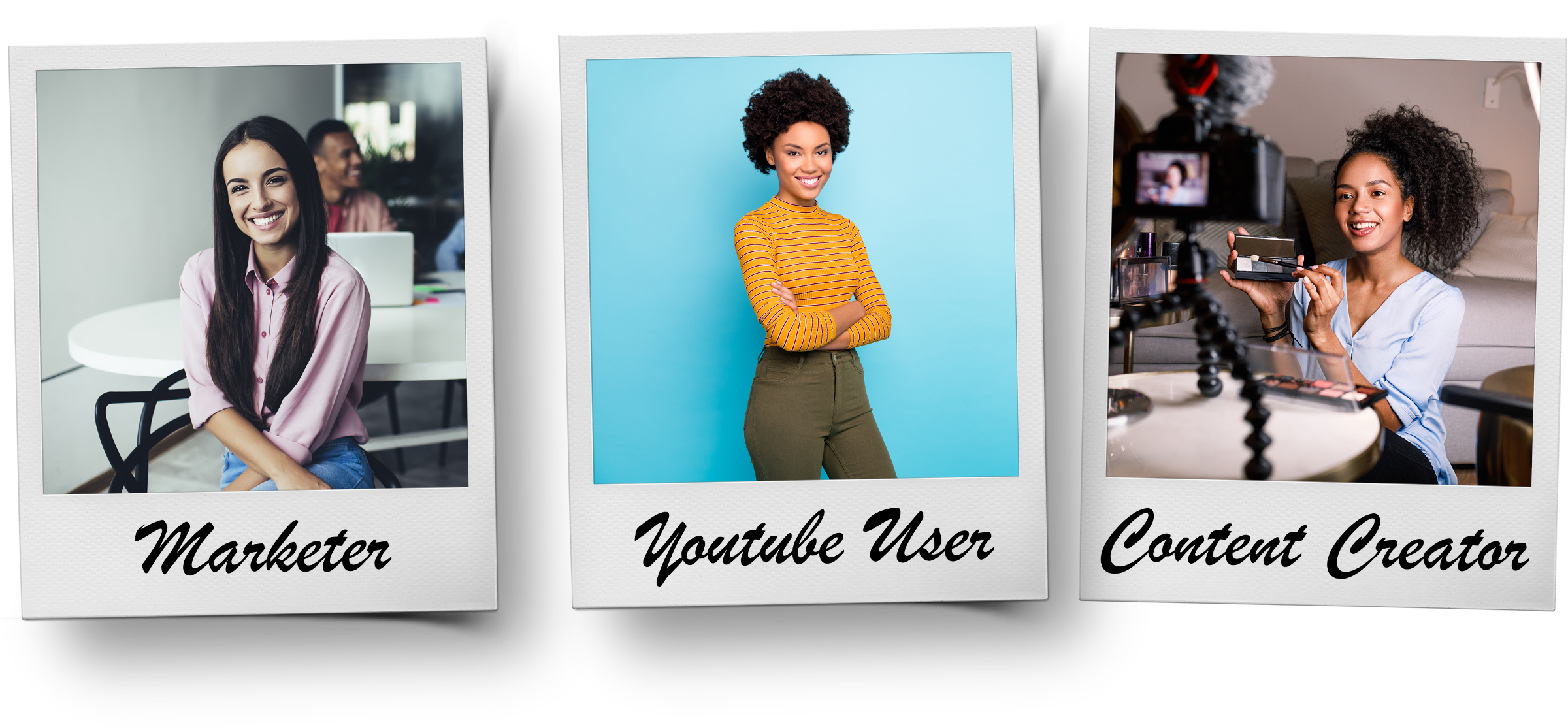 Three polaroids representing the parties affected: a marketer, a YouTube user, and a content creator