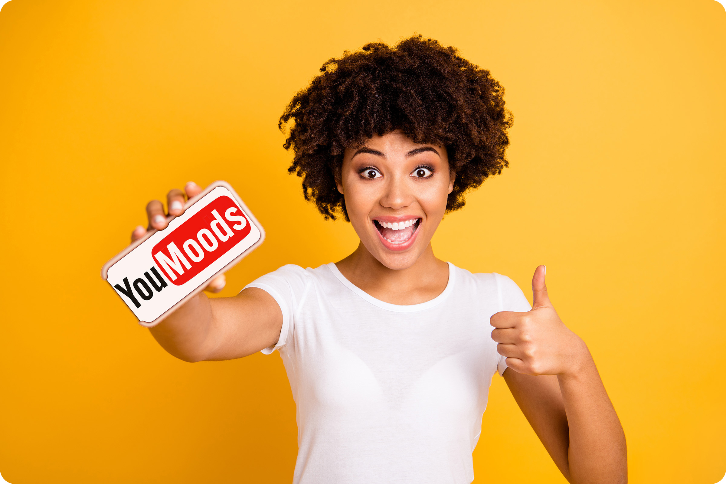 A delighted YouMoods user holding a phone showing the YouMoods logo and giving a thumbs up against a bright yellow background