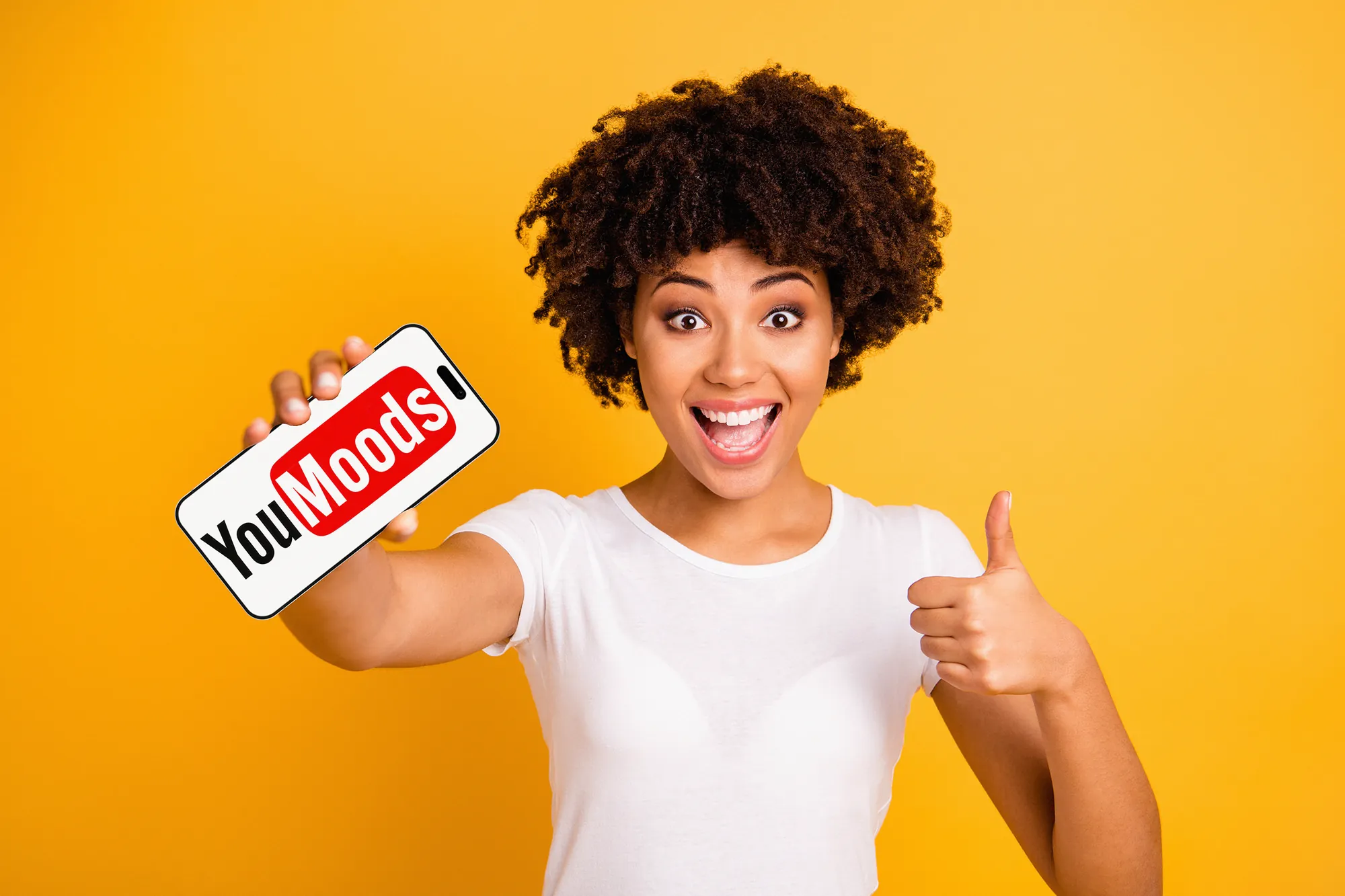 A delighted YouMoods user holding a phone showing the YouMoods logo and giving a thumbs up against a bright yellow background