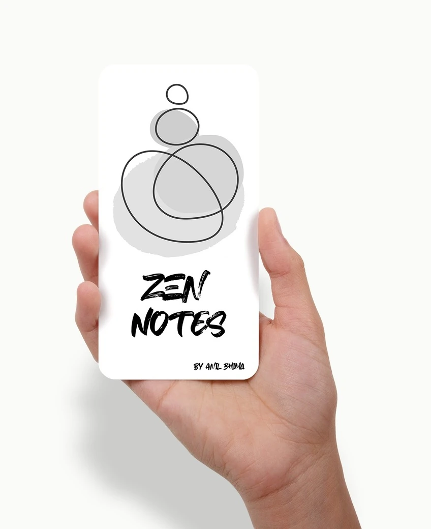 A hand holding the Zen Notes app cover — colour hand, black-and-white app, the first hint of the greyscale constraint to come