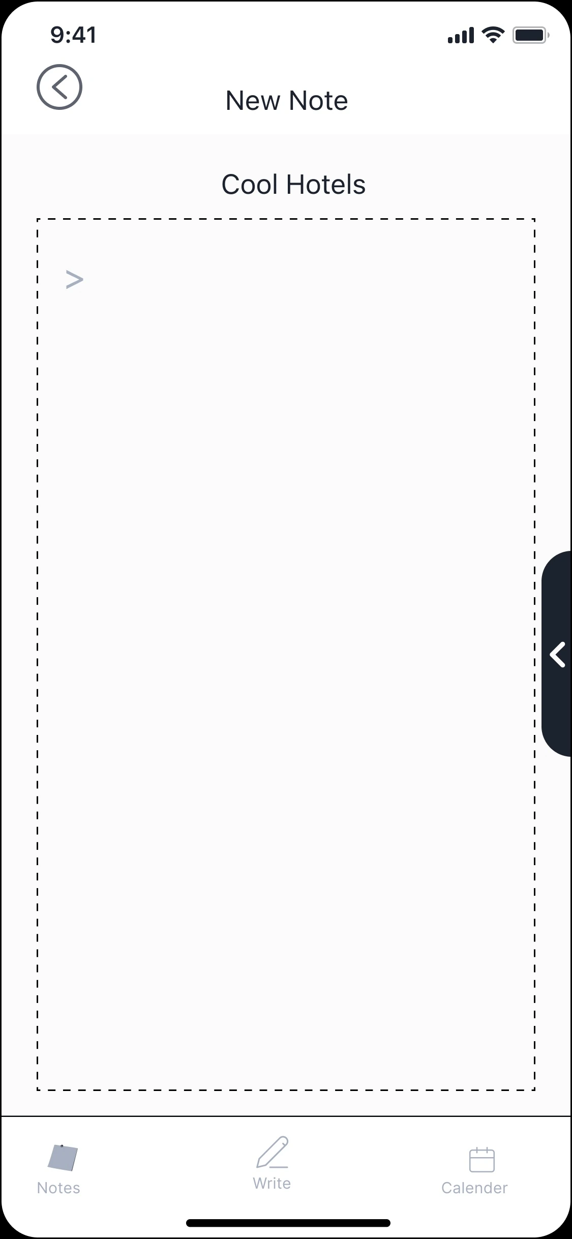 A blank New Note screen titled Cool Hotels