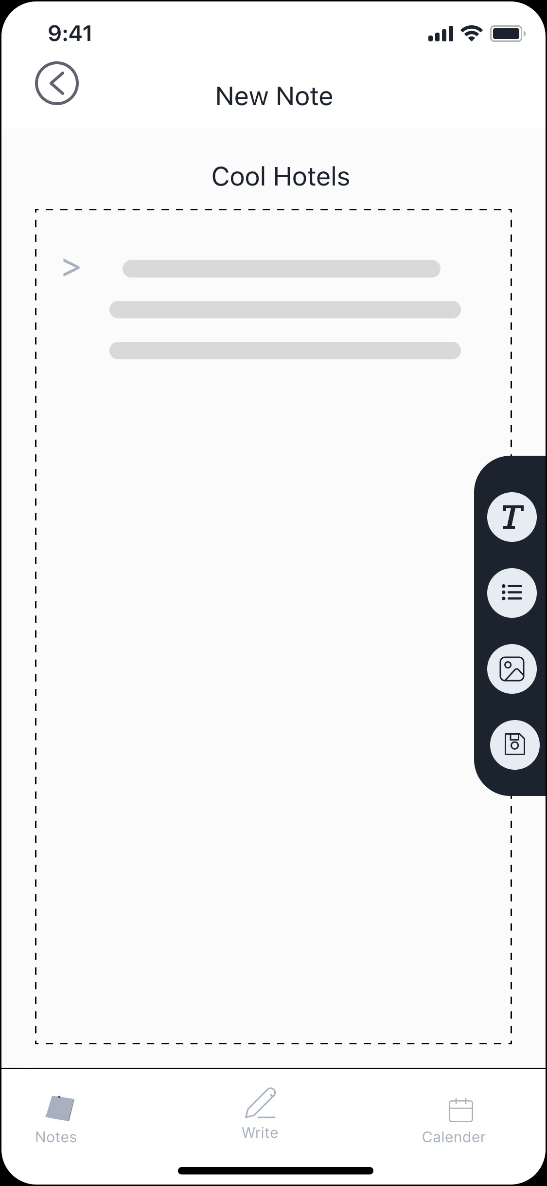 Note screen with a side toolbar of text, list, image and save icons, opened from a button on the right edge