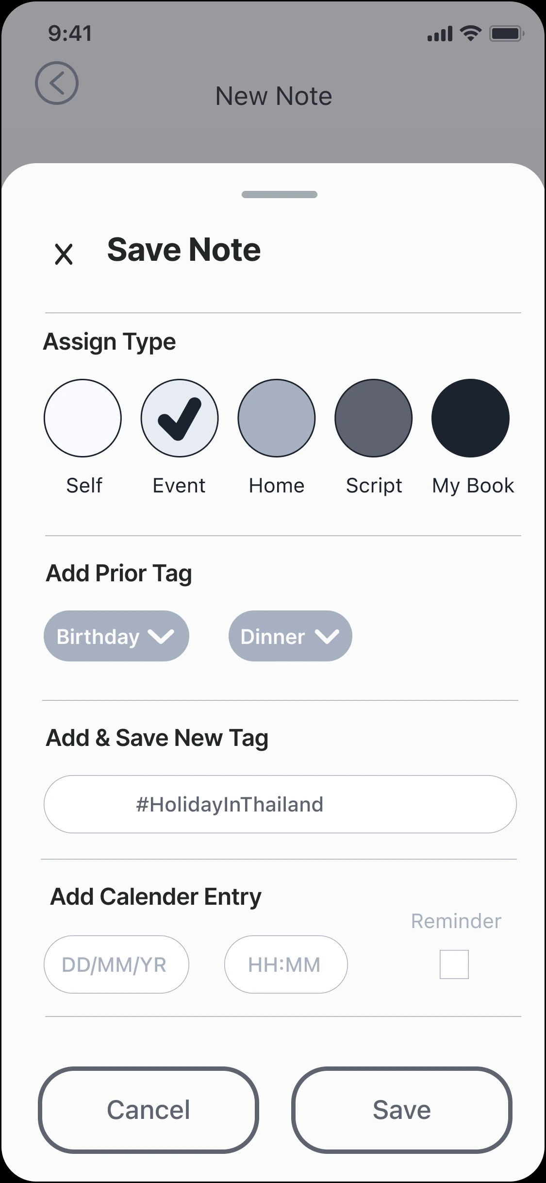 Save Note panel: Assign Type swatches, Add Prior Tag, Add and Save New Tag, Add Calendar Entry