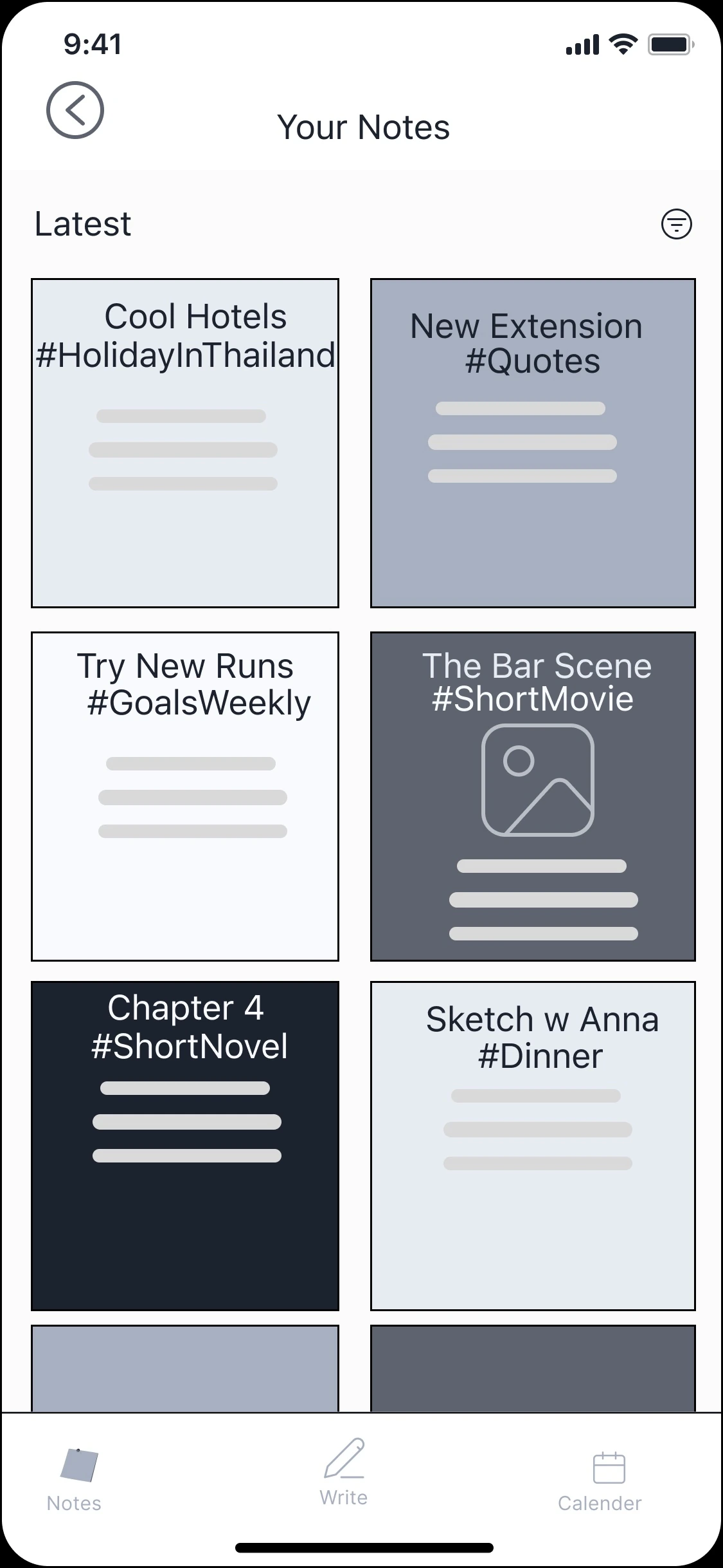 Your Notes grid of colour-coded, hashtagged cards