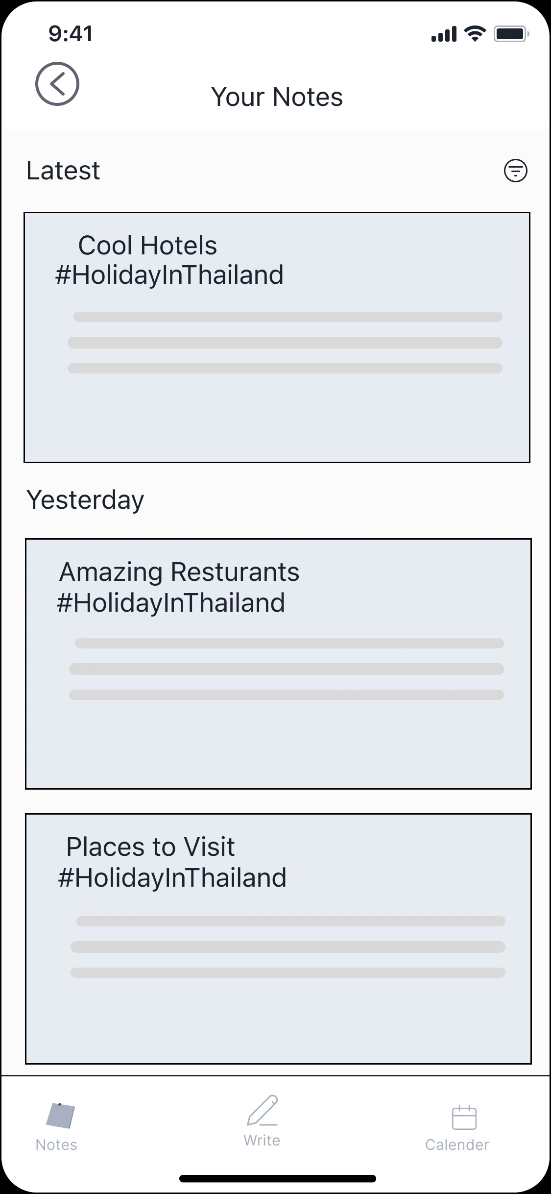 Note history list grouped Latest and Yesterday, all sharing one shade and hashtag