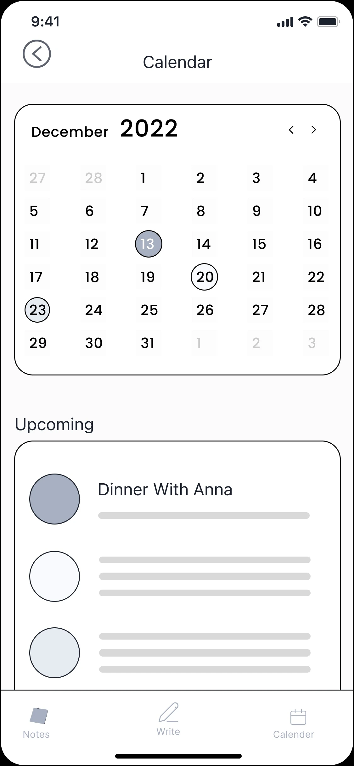 A December 2022 calendar with an Upcoming Dinner With Anna entry