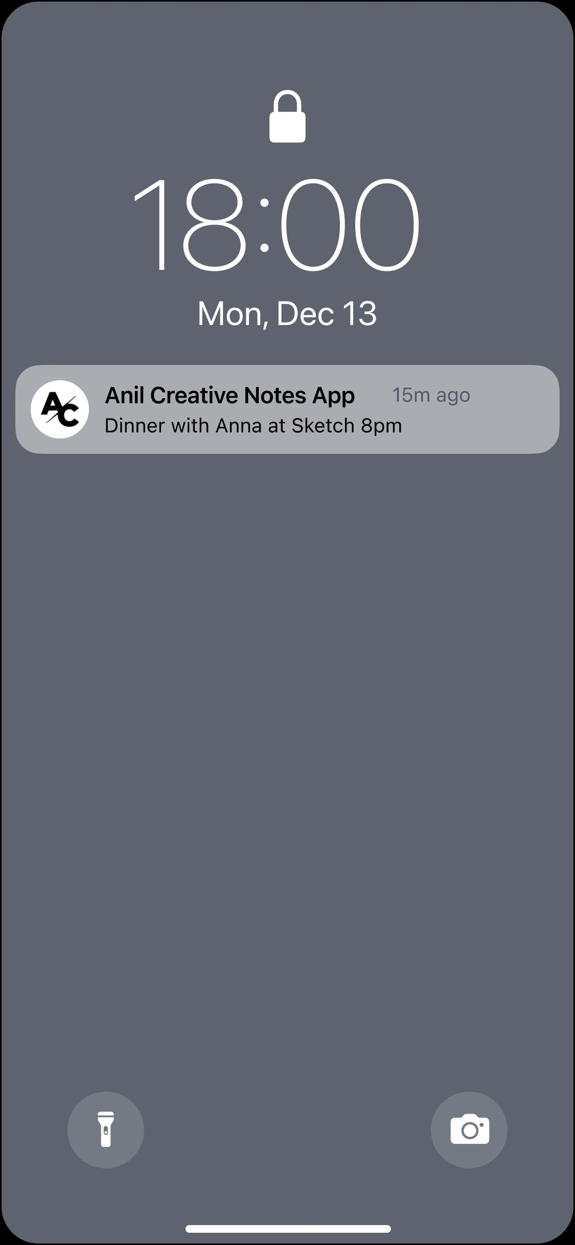 A lock screen at 18:00, Mon Dec 13, with a Dinner with Anna at Sketch 8pm notification