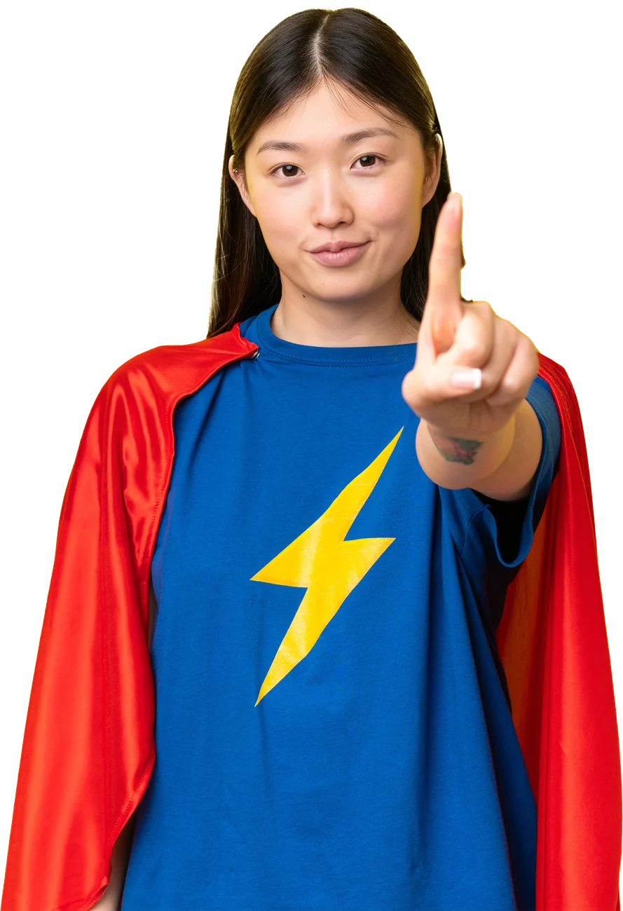 Amy as a superhero, cape and lightning-bolt shirt, raising one finger.